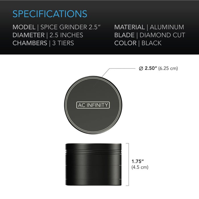 AC Infinity 3-Chamber Spice Grinder | Black | 2.5"  - LED Grow Lights Depot
