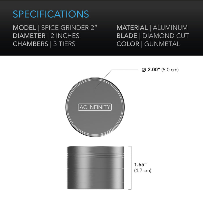 AC Infinity 3-Chamber Spice Grinder | Gun Metal | 2"  - LED Grow Lights Depot