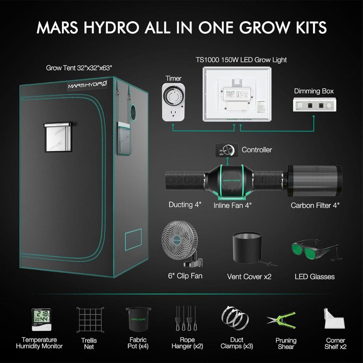 Mars Hydro TS 1000 LED Grow Light + 2.7'X2.7' Complete Grow Tent Kit ...