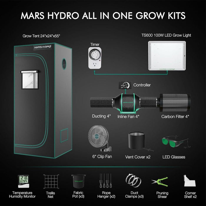 mars hydro grow tent kit Mars Hydro TS 600 LED Grow Light + 2' x 2' Grow Tent + Inline Fan