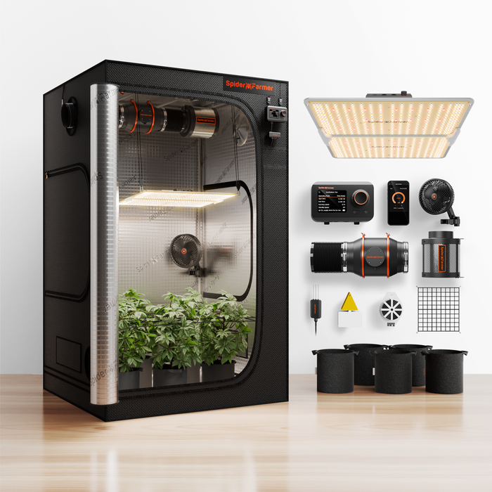 Spider Farmer 4'x4'x6.5' Complete Grow Tent Kit | SF4000 450W Full Spectrum LED | 6" Clip Fan | 6" Ventilation System with GGS Controller | GGS Soil Sensor - LED Grow Lights Depot