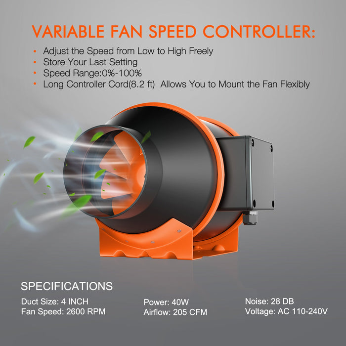 Spider Farmer® 4-Inch 205CFM Inline Fan with Smart Controller, Carbon Filter & Ducting Combo  - LED Grow Lights Depot