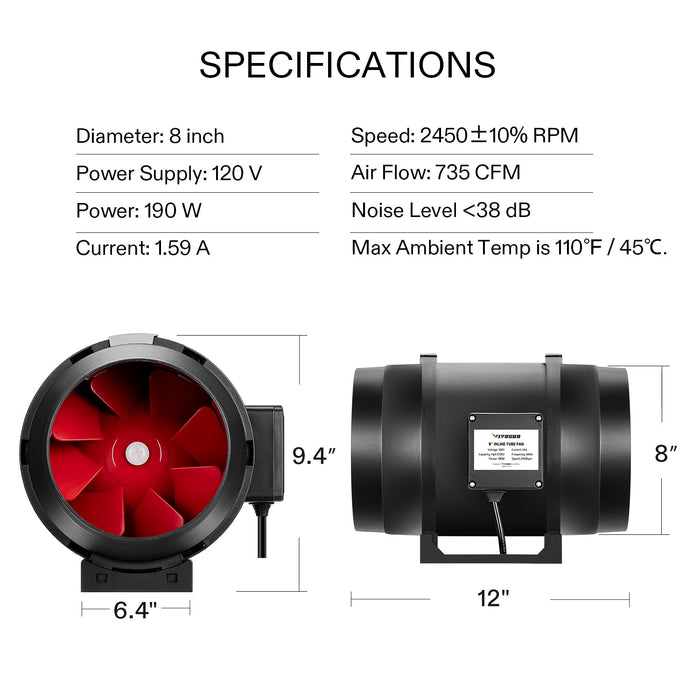 VIVOSUN 8-Inch 720 CFM Inline Duct Fan with Variable Speed Controller  - LED Grow Lights Depot
