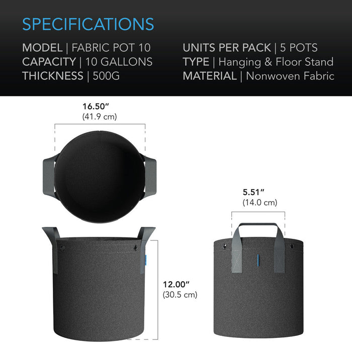AC Infinity Heavy Duty Fabric Pots I 10 Gallon I 5-Pack  - LED Grow Lights Depot