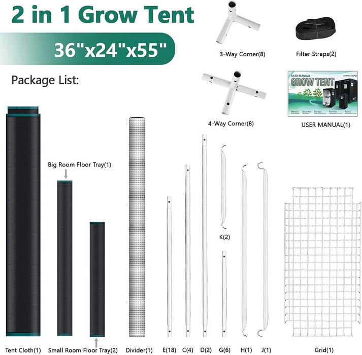 Mars Hydro 2-In-1 Grow Tent 3' x 2′ (36" x 24" x 55")  - LED Grow Lights Depot